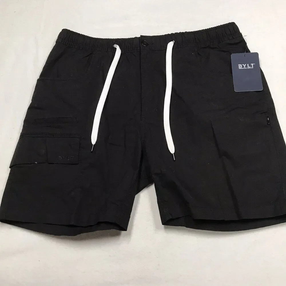 NWT BYLT Cargo Shorts Men 2XL XXL 36W Black Rip Stop Drawstring Zip Fly